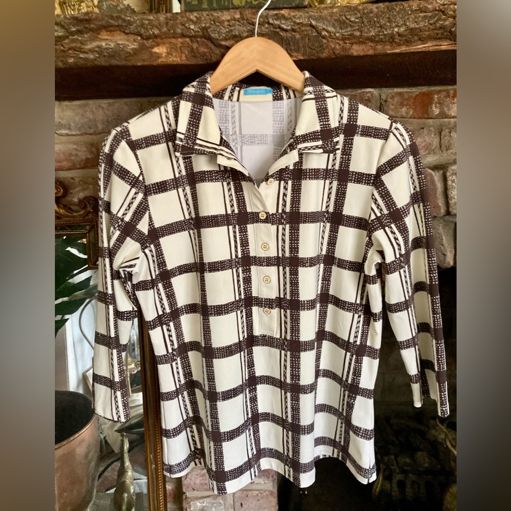 J. McLaughlin Catalina Cloth Collared Plaid Button Popover Cream Cocoa Resort